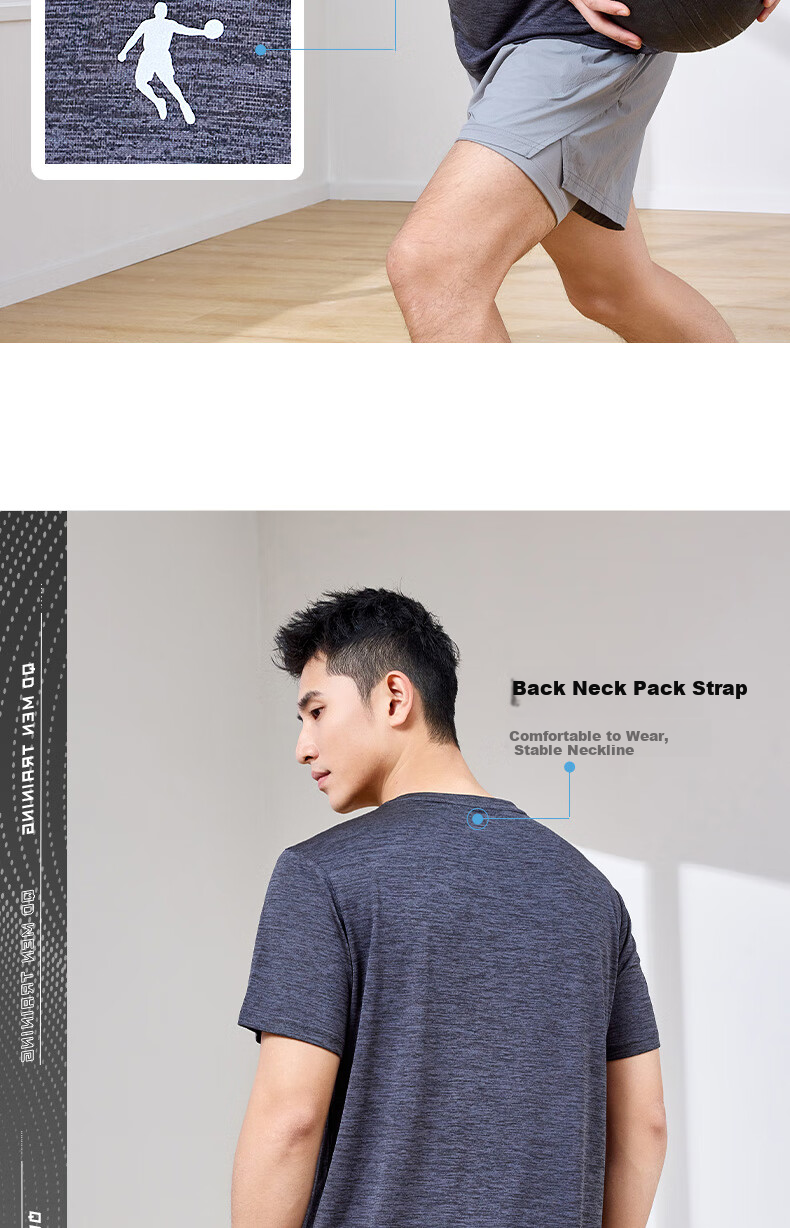 QIAODAN Men's Short-Sleeve T-Shirt, Lightweight Sports Quick-Dry Top, Round Neck Ice Silk Casual Running Shirt, Fitness Wear 9