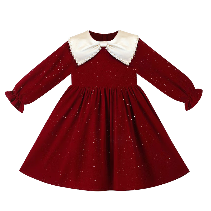 LUOBOBEIBEI Girls' Dress Red Long Sleeve Princess Dress Piano Performance Dress Autumn 2025 Size 140