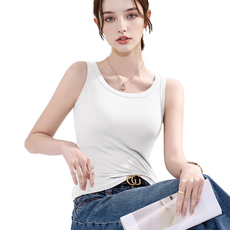 Langsha Women's White Ribbed Sleeveless Tank Top Casual Sportswear Summer Light Coffee L