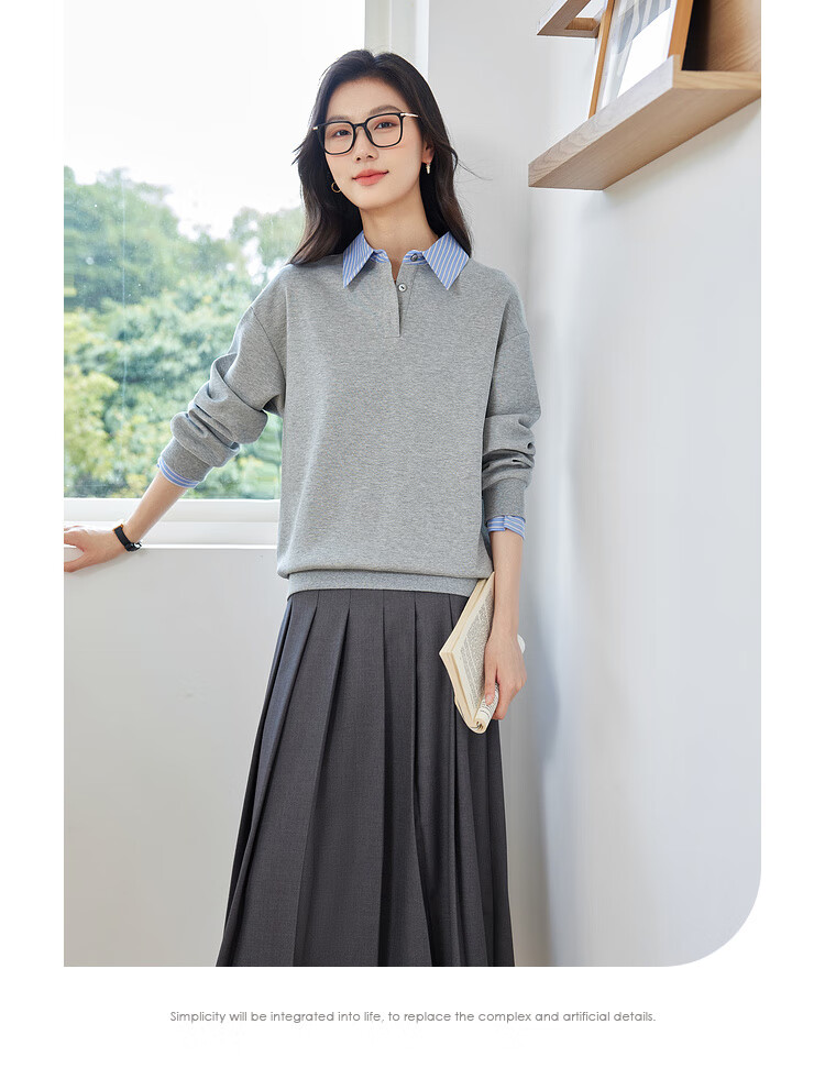 Fansiman Shirt Collar Spliced Fake Two-Piece Sweatshirt Women Autumn College Style Loose Long Sleeve Top Jacket Light Gray M 3