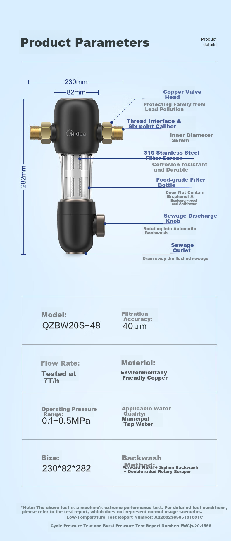 Midea Pre-Filter, Ultra 15T/h High Water Flow, Premium Home Model, Dual Turbine Semi-Automatic Backwash, All-Copper Explosion-Proof, No Replacement Core Required, Whole House Water Purifier QZBW20S-24Pro 14