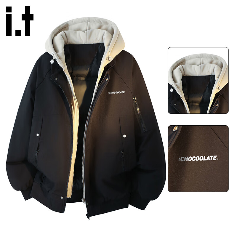 :CHOCOOLATE IT Fake Two-Piece Hooded Cotton Jacket Men's Winter New Cold-Resistant Warm Cotton Jacket Loose Fit Black XL