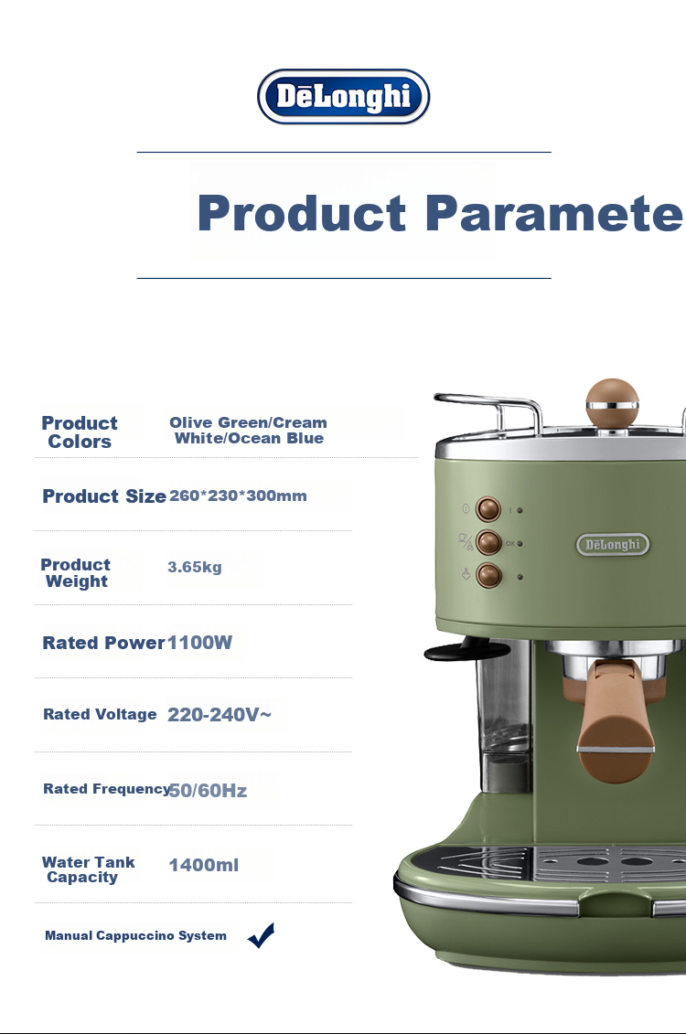 Delonghi Coffee Machine, Retro Semi-Automatic Coffee Maker, Compact Home-Use Stylish Americano And Espresso 15Bar Pump Pressure Manual Milk Frother ECO310.VBG Cream White Gift 12