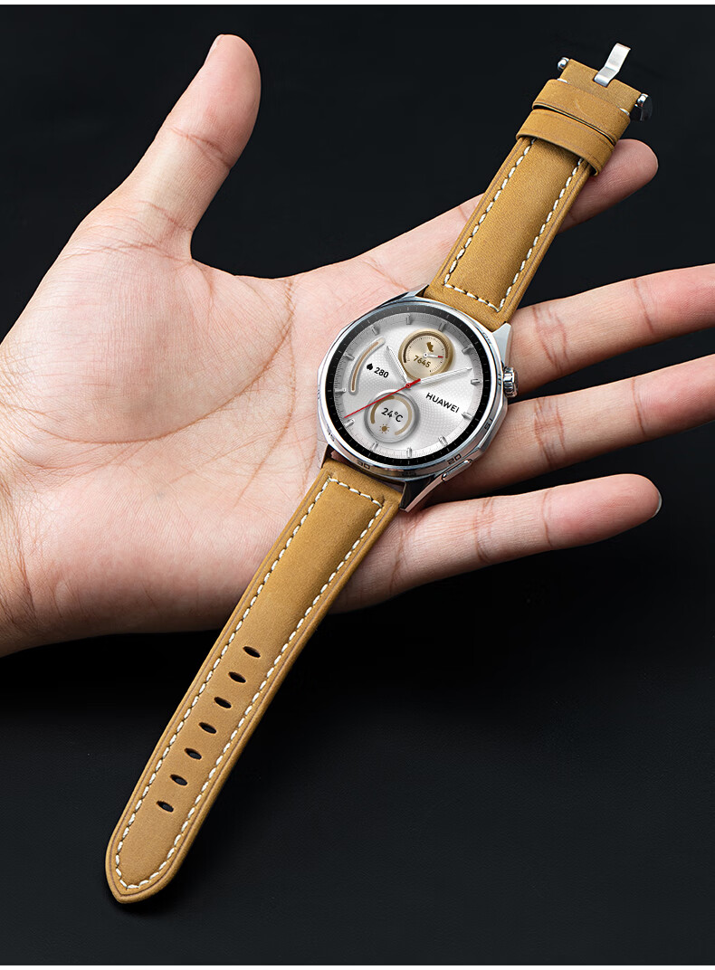 GANGJUE Genuine Crazy Horse Leather Watch Band for Huawei Watch 5/GT5 Pro/6/GT4/3/2 Pro, Original Style Sport Strap, Universal 46/48mm Brown 22mm 4