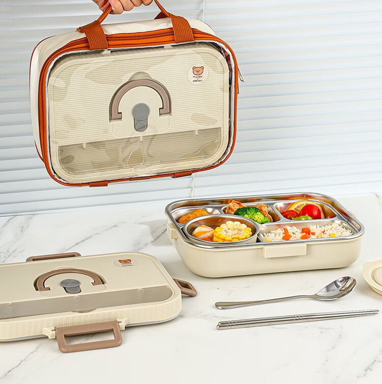 WORTHBUY 316 Stainless Steel Insulated Lunch Box Kids Cartoon Portable Compartmentalized Bento Box Tableware Set Cheese Yellow 5 Compartments + Bag 3