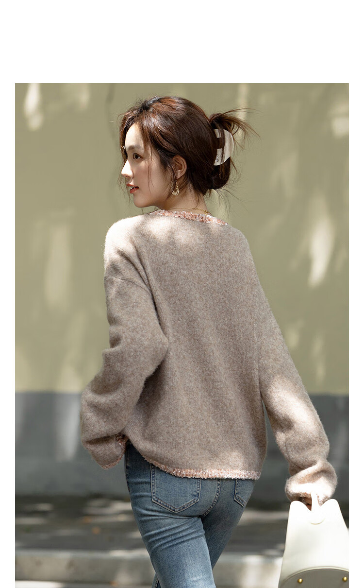 Demana【With Merino Wool】Autumn Fluffy Beaded Yarn Colorblock Crewneck Loose Fit Petite Knit Sweater for Women 2