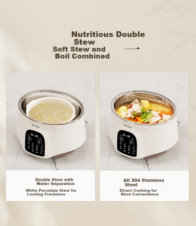TONZE Stainless Steel Waterless Electric Stew Pot, Fully Automatic Soup Cooker, 3-6 Person Ceramic Bird's Nest Stew Pot, 3.5L GSD-353GE2 5