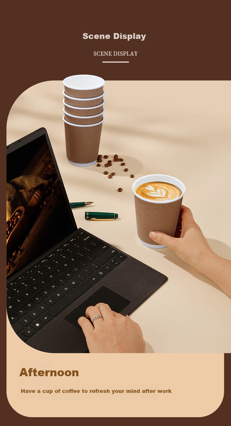 YOUAO Disposable Cups, 280ml*32 Pieces, Kraft Paper Outer Layer, Double-Layer Thickened, for Office And Home Use, without Lid, Coffee Cups 5
