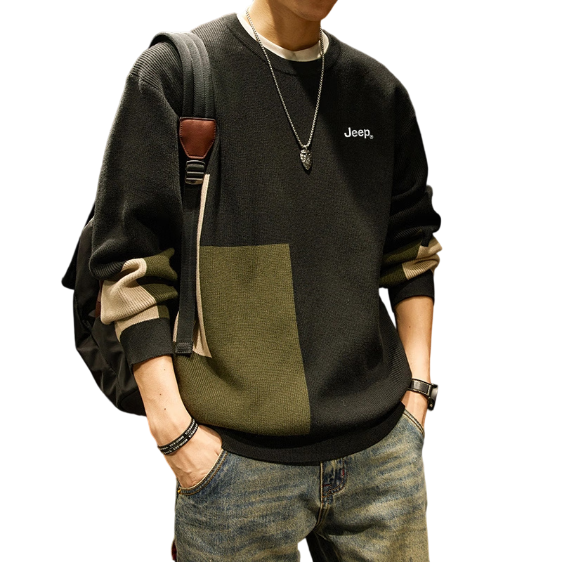 JEEP Men's Winter Loose Warm Walnut Color 4XL Knit Sweater High-Quality Inner Layer