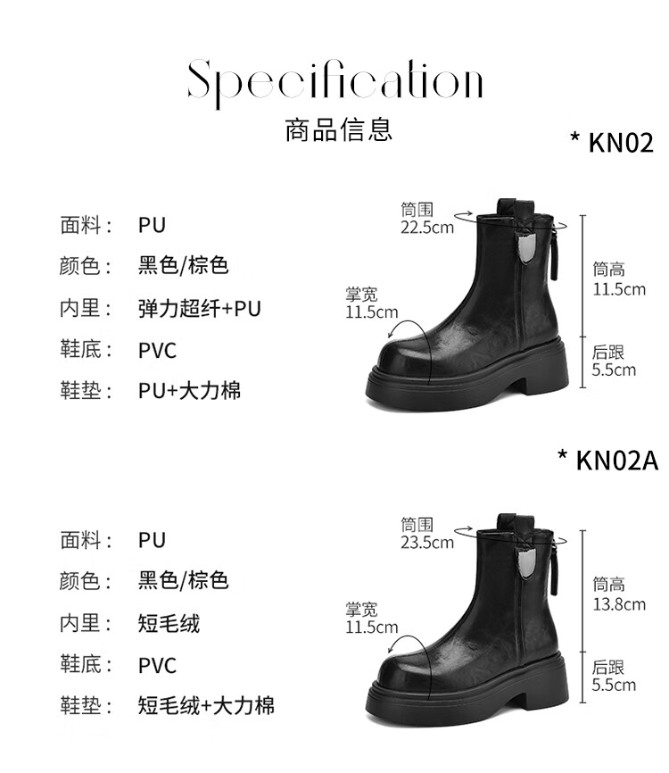 ZHR Women's Winter Vintage British Style Martin Boots with Fleece, Chunky Heel, Thick Sole Short Boots KN02A Black Size 38 1