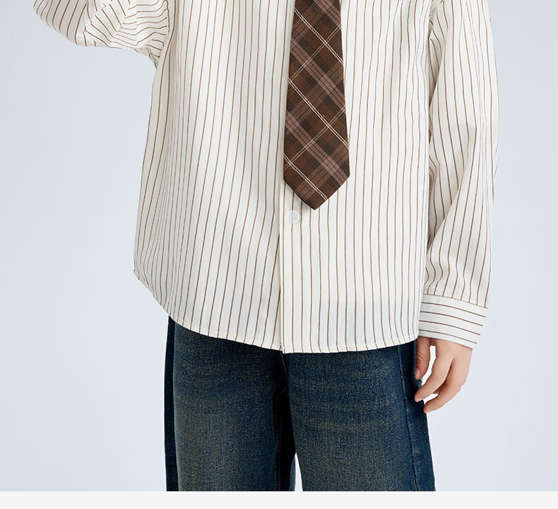 Luomeng Children's White Base Coffee-Colored Long-Sleeve Striped Shirt, Boys' Preppy Style Casual Versatile Spring And Autumn Shirt, White, Size 170 17