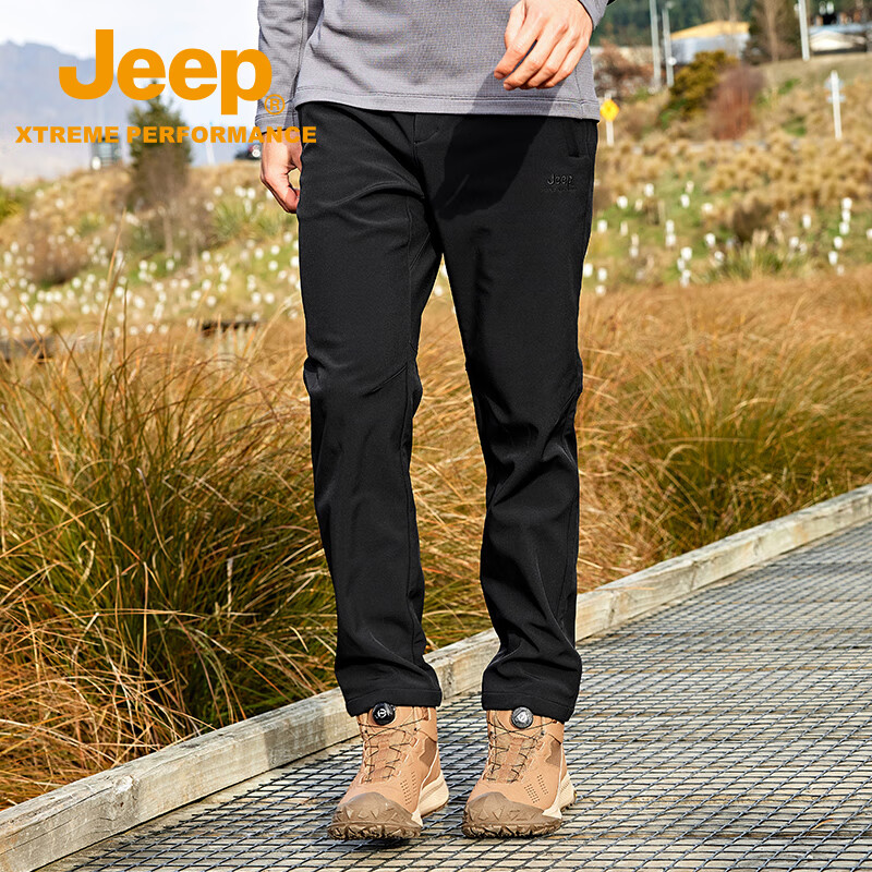 Jeep Windshield Softshell Pants Men Autumn Winter Thickened Outdoor Sports Fleece Lined Warm Hiking Mountaineering Trousers