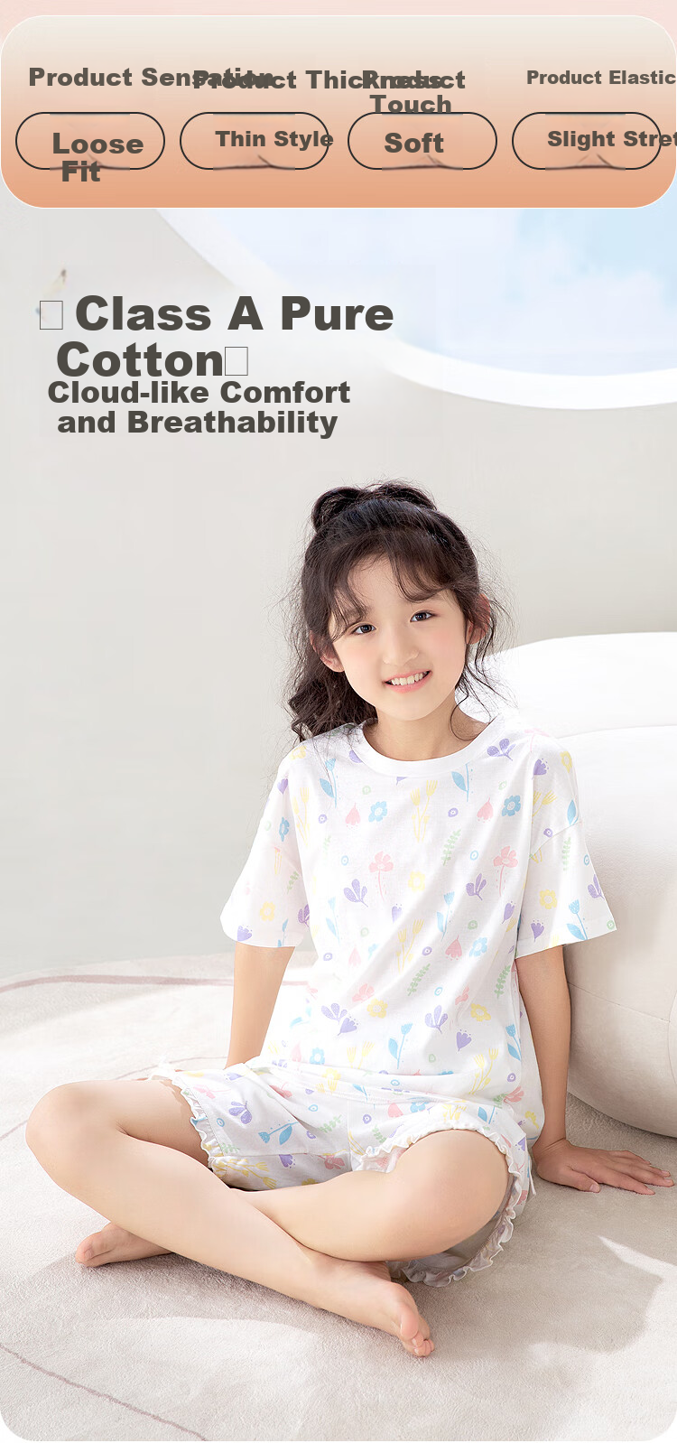 Hodohome Girls' Summer Pajamas Set, Pure Cotton Pullover Sleepwear with Short Sleeves And Shorts, Air Conditioning Wear, Style 306, Blue, Size 165 1