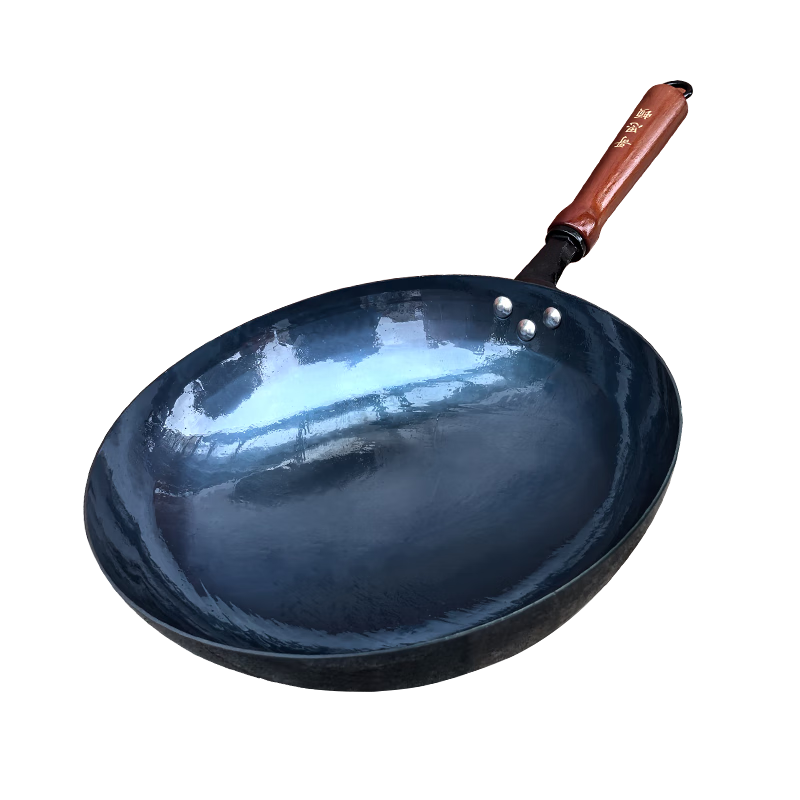Goston Zhangqiu Iron Wok 32cm Round Bottom Non-Coated Traditional Mirror Finish Wooden Handle Stir Fry Pan