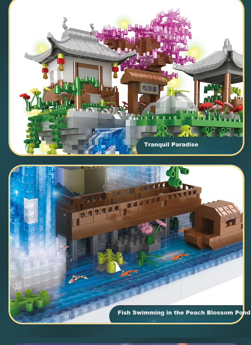 Miaoyan [2 Figurines] Peach Blossom Pond Architecture Compatible with Lego Building Blocks Display Set, Birthday Gift for Children Aged 7-14 10