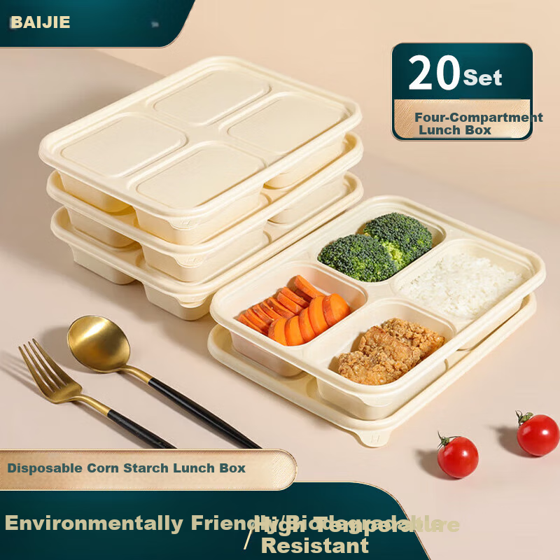 Baijie Corn Starch Disposable Food Containers, Biodegradable Microwave-Safe Lunch Boxes with Lids, Takeout Meal Boxes, 4 Compartments * 20 Sets