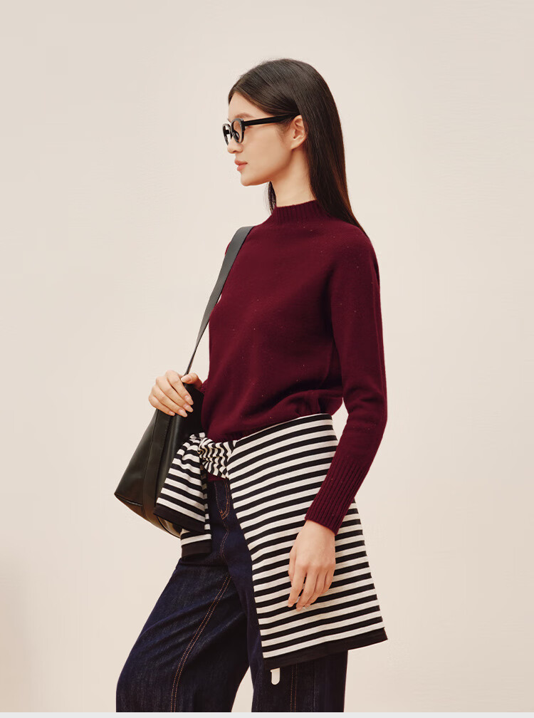 JD Original Women's Sweater, Fashionable Knitted Top, New Year Winter Pure Wool Pullover, Round Neck, Angola Red, Size L 28