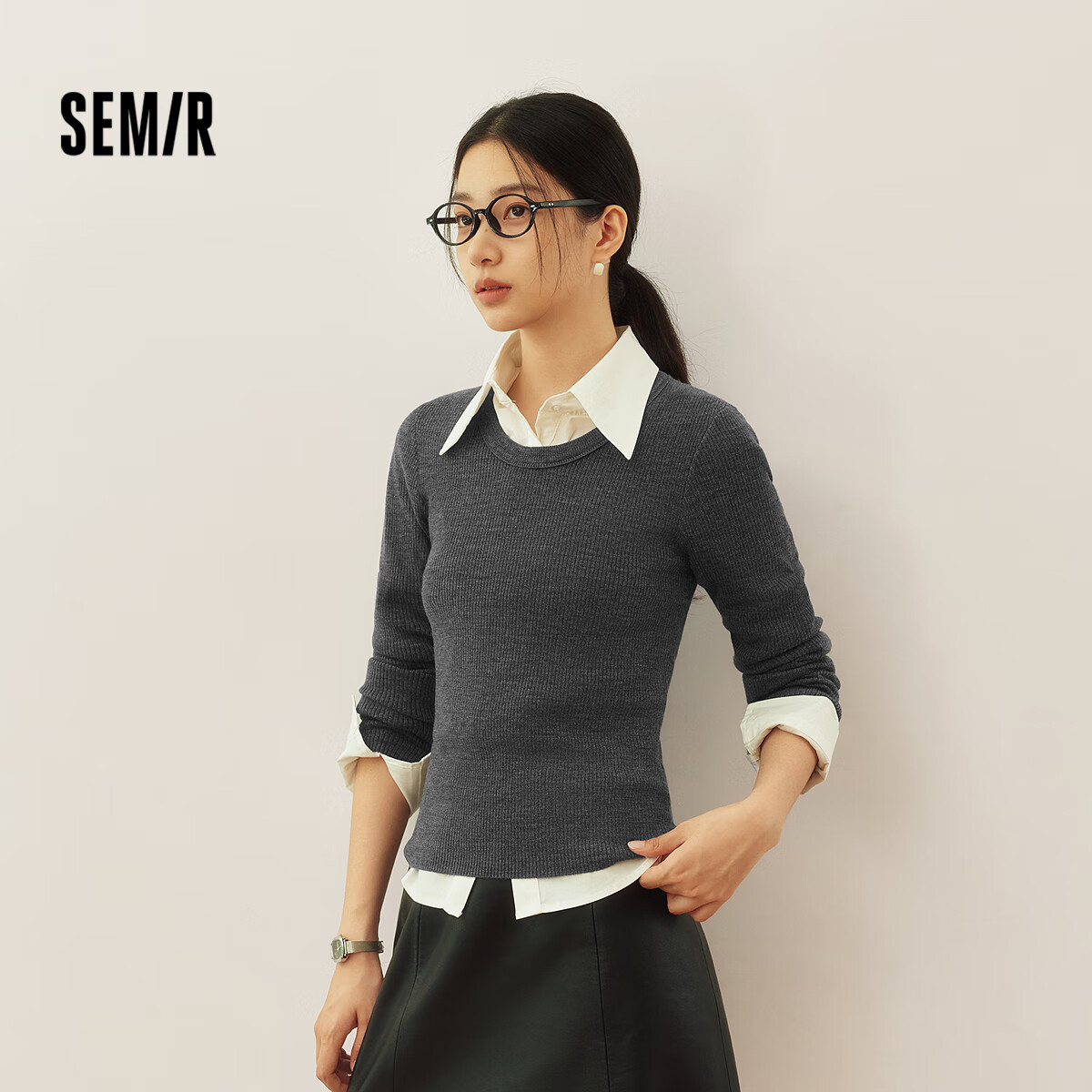 Semir Women's Winter Knitted Sweater Eggshell Neck Solid Slim Wool Top 2025 109725107004
