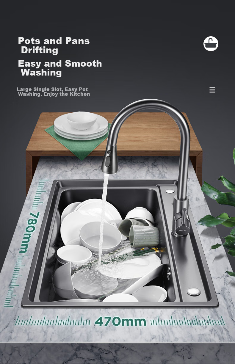 OULIN Kitchen Sink, Large Single Bowl, Undermount Basin, Vegetable Washing Sink, Three-Hole Series, Integrated Basin, Nano SUS304 Stainless Steel, 616H 8