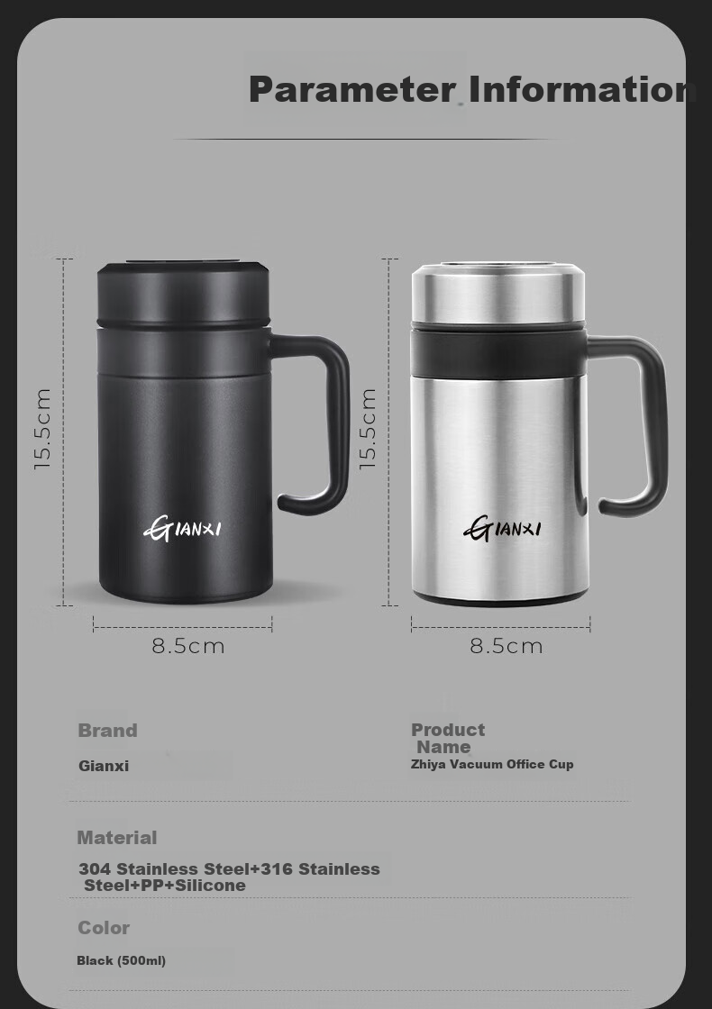 Jieanxi Insulated Mug, 316 Stainless Steel, Smart Temperature Display, Large Capacity, Office Tea Cup, Home Use, 520ml Gift 12