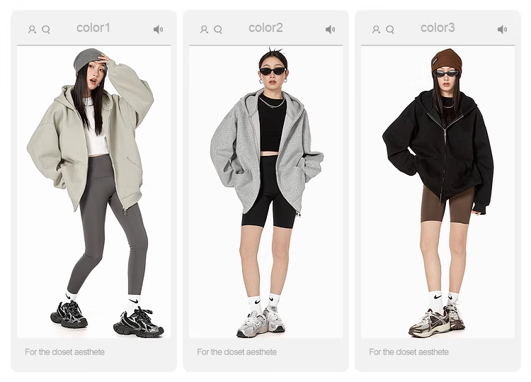 ICH MODE Fleece-Lined American Style Hoodie Jacket Women Autumn Winter Loose Fit Double Zipper Cardigan Lazy Long Sleeve Coat Black L 3