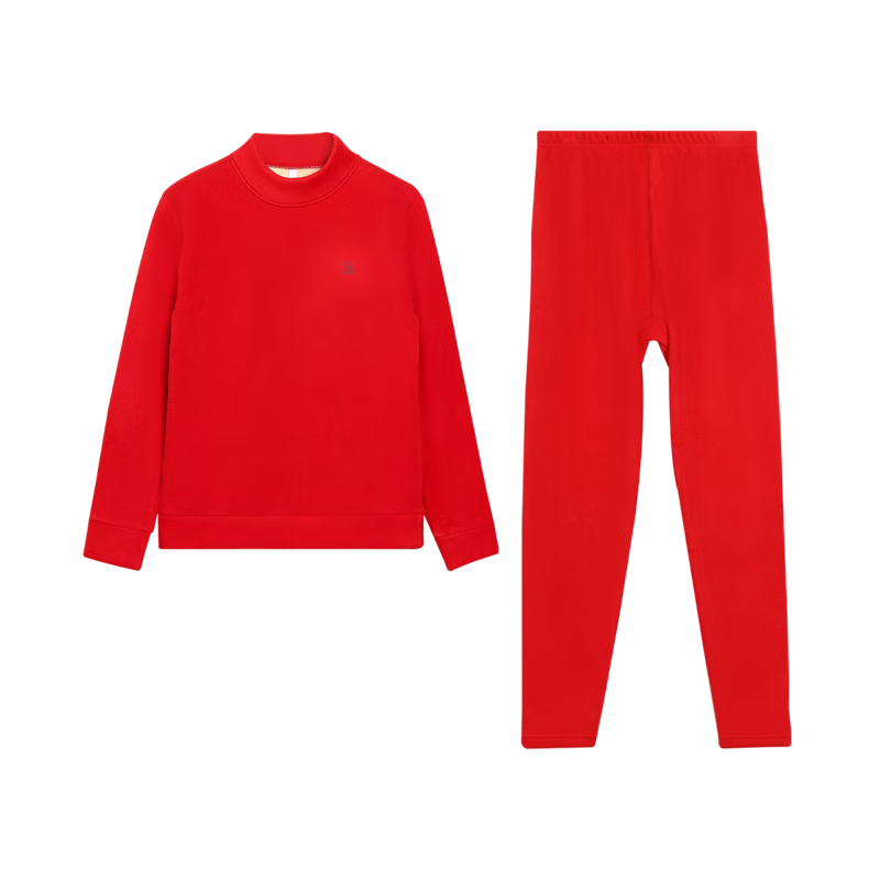 Hodo Women's Thermal Underwear Wool Fleece Thickened Antibacterial Mid-High Collar Base Layer Middle-Aged and Elderly Cold-Proof Set [Qiji Red]