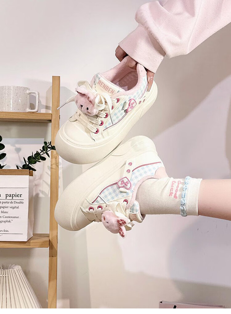 Renben Fleece-Lined Women's Cartoon White Shoes Winter New Cotton Shoes Thick Sole Casual Shoes Khaki Cotton Shoes Size 39 12