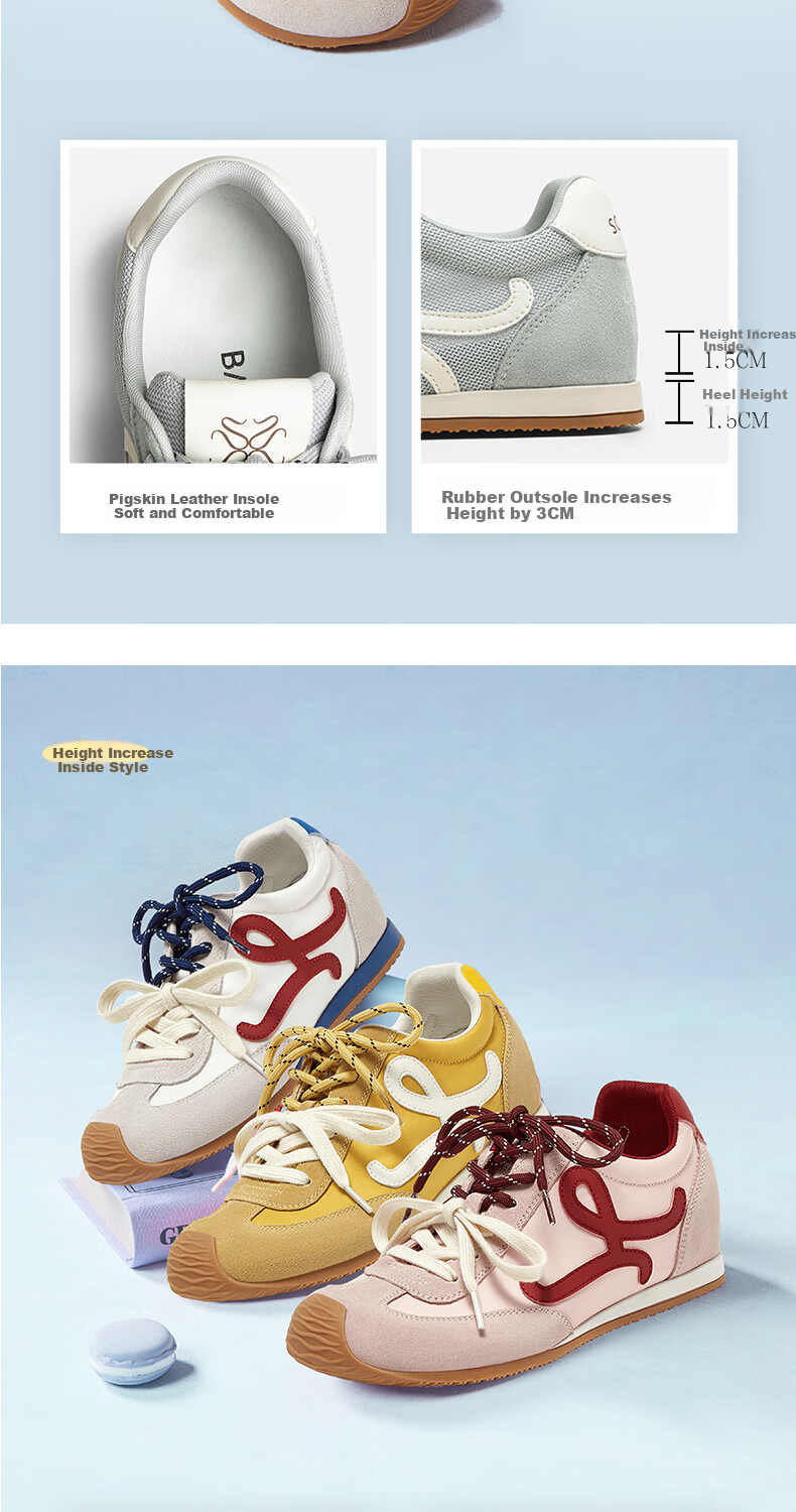 BASTO [Zhang Yuexi's Choice] Candy-Colored Height-Increasing Training Shoes, Slanted Casual Forrest Gump Shoes for Women, Yellow, Size 36 14