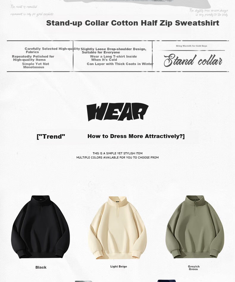 MINISO Half-Zip Sweatshirt for Men, Heavyweight Stiff Spring New Trendy Stand-Collar Loose Jacket, Black L 3