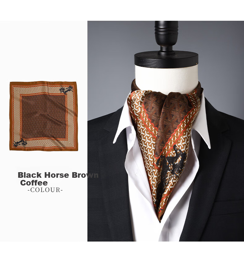Hangsifu Men's Silk Scarf, Mulberry Silk Scarf, Small Square Scarf, Business Necktie, Birthday Gift for Husband Or Father, Black Horse Patter 8