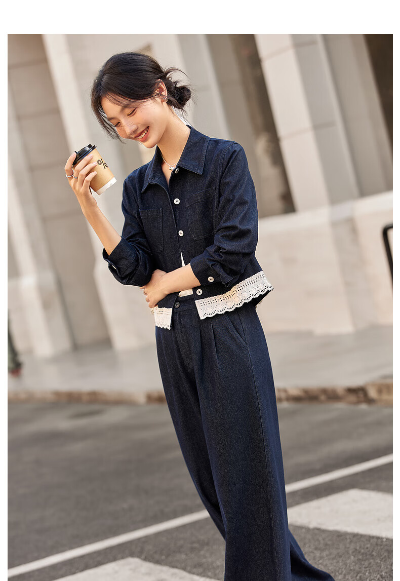 Fanshi Man Lace Trim Denim Set Women Autumn New Lapel Jacket and Pants Two-Piece Set Denim Blue XL 6