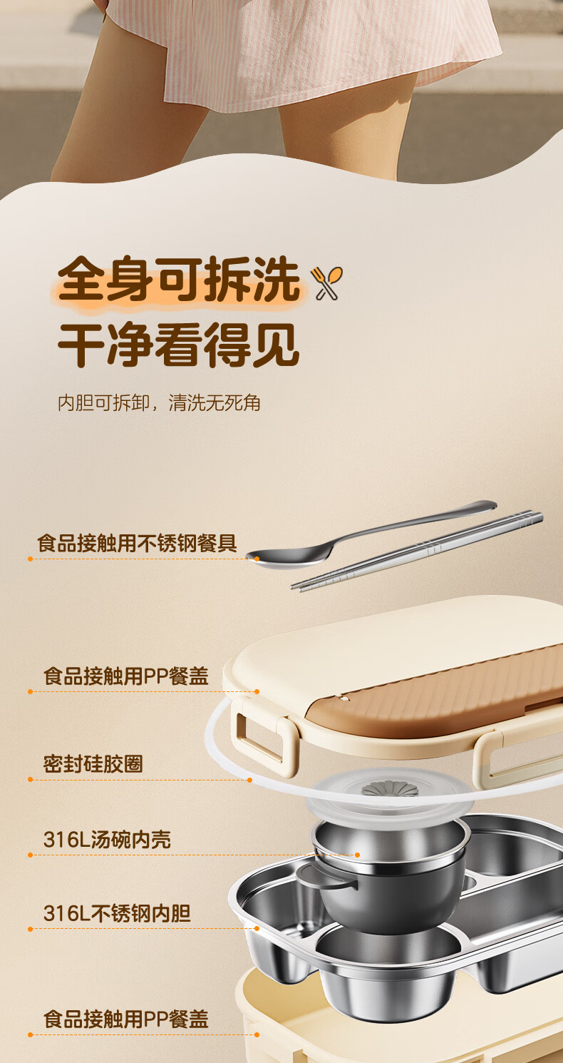 ASD 316L Stainless Steel Lunch Box for Students And Office Workers, Meal Tray with Heating Function, Insulated Bento Box RWS20H13WG-B 1