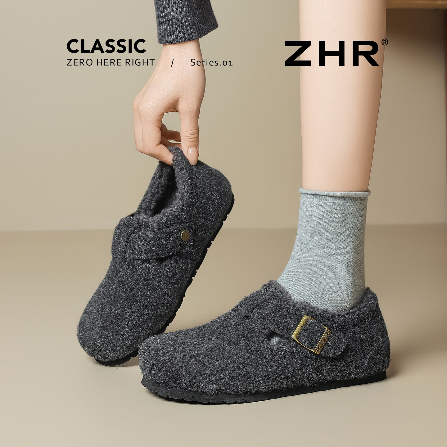 ZHR Women's Winter Cotton Shoes with Fleece Lining Warm Birkenstock Style Non-Slip Snow Boots JQ07FFB Dark Gray Size 40