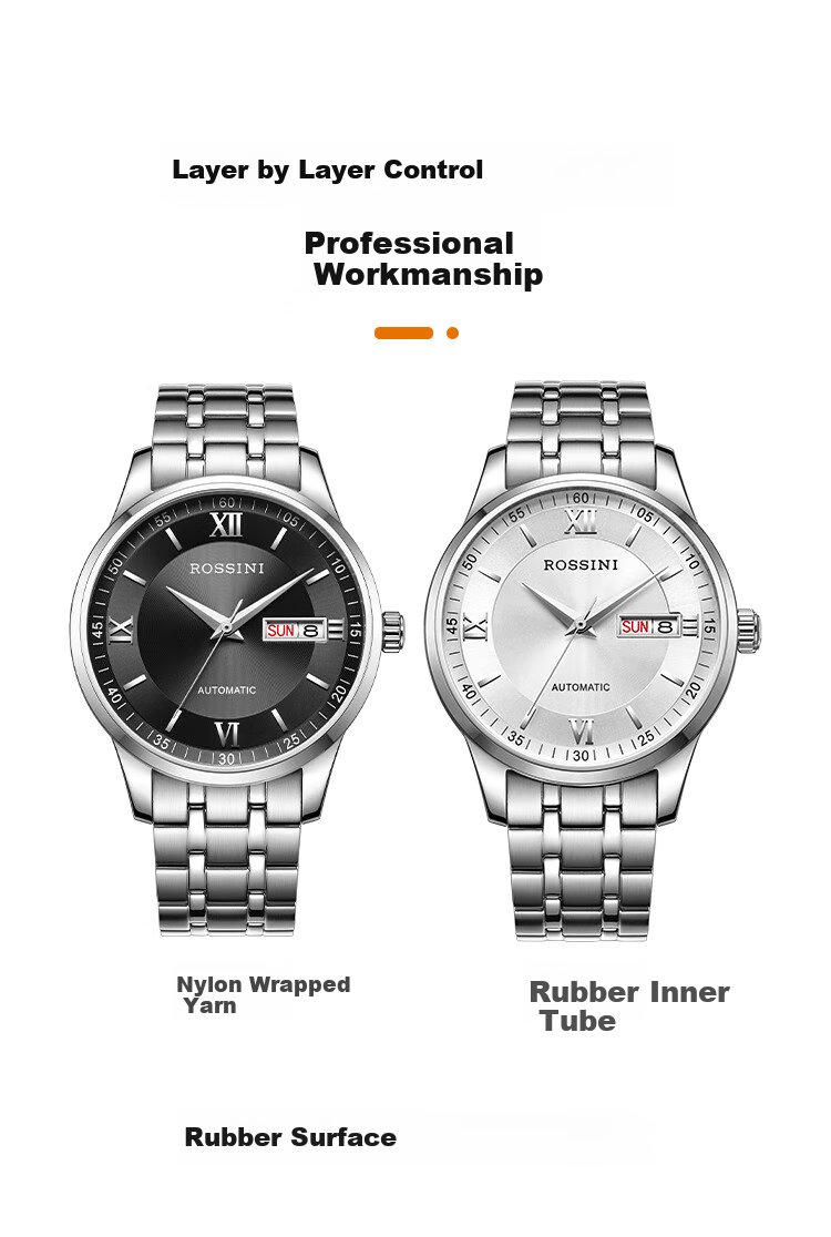 ROSSINI Men's Mechanical Watch, Birthday Gift, Business Casual Style with Black Dial And Steel Strap, Model 525701 11