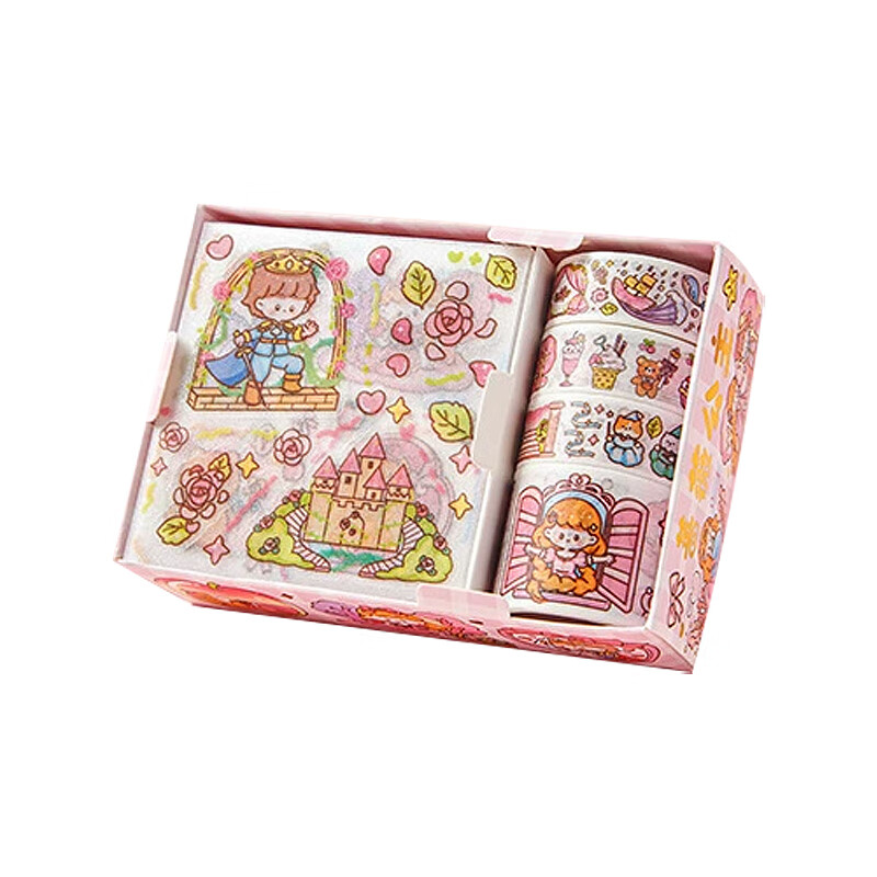 Jufu High-Quality Transparent Cute Washi Tape Sticker Gift Box Set Ins Fresh Stationery Kids Sticker Set (4 Sheets + 4 Rolls)
