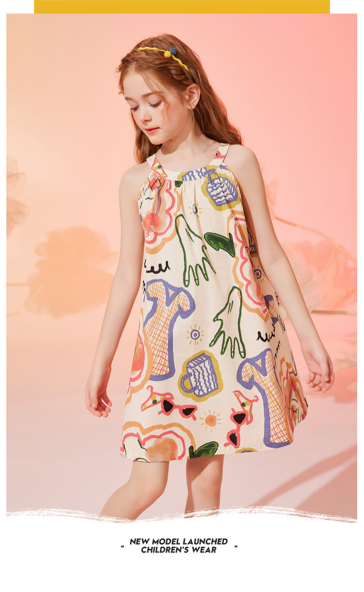ASK JUNIOR Girls' Summer Dress, Children's Graffiti Spaghetti Strap Princess Dress, Beach Vacation Style 12