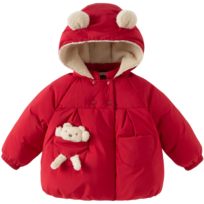 DAVE & BELLA Winter Baby Down Jacket Girls Waterproof Thickened Coat Baby Bear New Year Red Clothes