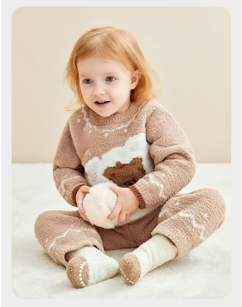 Babycare Children's Warm Homewear Parent-Child Autumn Winter Half Velvet Homewear Set Panda Off-White 100 Kids' Version 27