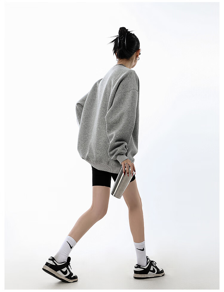 ICH MODE Women's American Style Crew Neck Solid Color Sweatshirt Spring Autumn New Loose Lazy Pullover Long Sleeve Top Black M 12