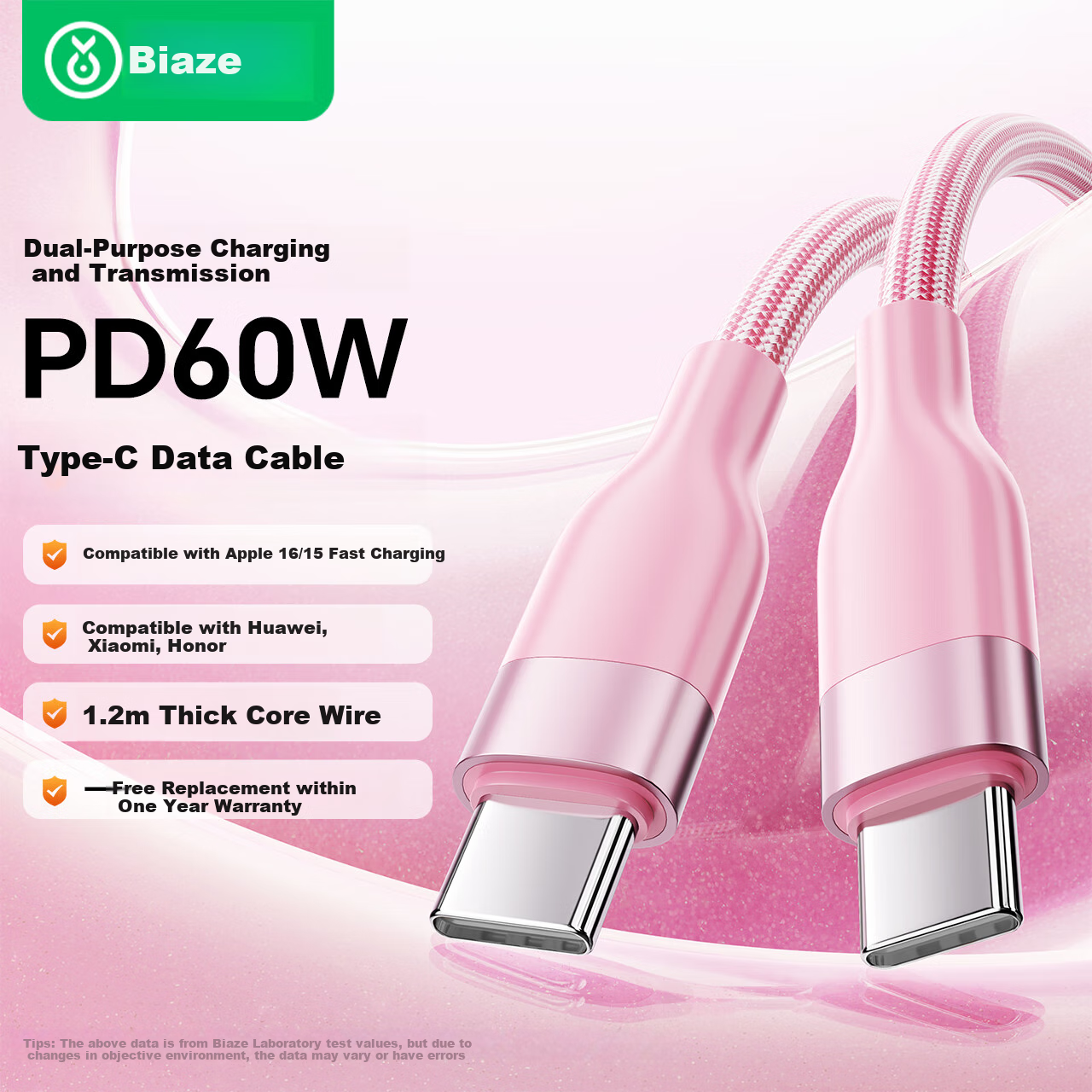 BIAZE Type-C Data Cable, Dual-Ended Toc Fast Charging PD60W Car Charger Cable, Suitable for Apple IPhone 18 Pro Max 17/16/15, Android Xiaomi Huawei Honor Smartphones