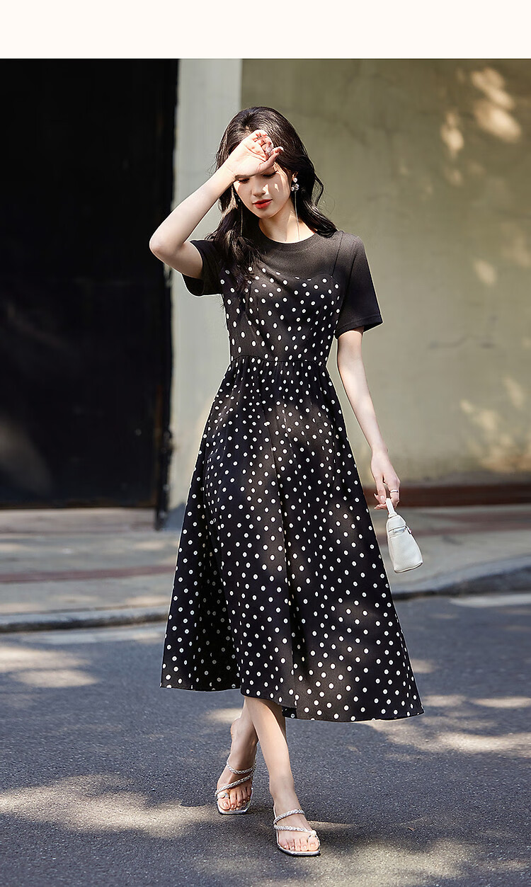 Demana Romantic Polka Summer Faux Two-Piece Spliced Polka Dot Chiffon Short Sleeve Waist Cinched Pleated Women's Dress 7