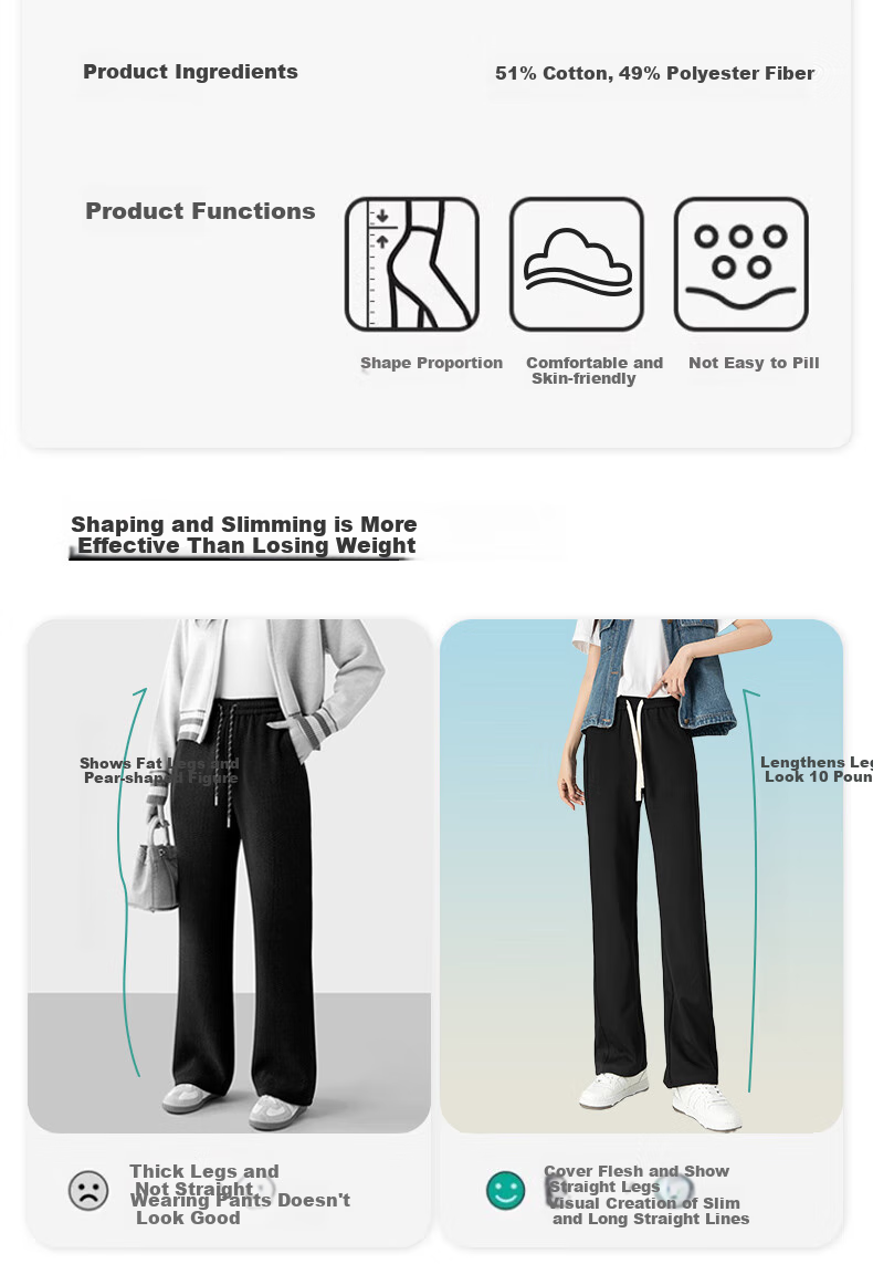 BOPRUIEY Black Slim Wide-Leg Pants for Women, 2026 Spring Style, High-Waisted Casual Slimming Draping Straight Cotton Trousers 3