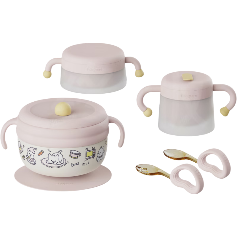 Babycare Children's Tableware Gift Set PPSU Insulated Water-Filled Bowl Fork Spoon Baby Learning Eating Highland Pink Children's Day Gift