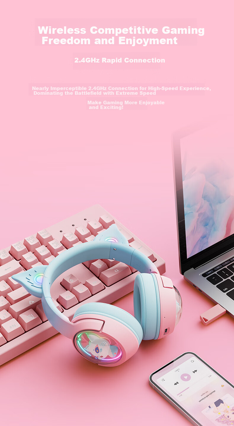 ONIKUMA Wireless Bluetooth Headphones with Microphone, Noise-Cancelling, for Women's Online Classes, Music, Gaming, Three-Mode Headphones, Suitable for Live Streaming, Computers, Tablets, Cute Cat Ears Design, Birthday Gift 5