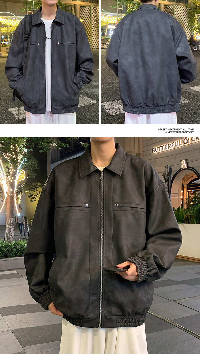 Warrior Men's Casual Leather Jacket Spring Autumn Loose Lapel Workwear Coat Gray XL 9