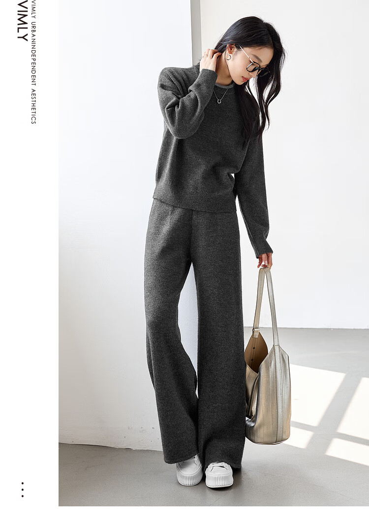 FANXIMAN Premium Wool Blend Knit Set Women Autumn New Top and Wide-Leg Pants Set Oatmeal M 9