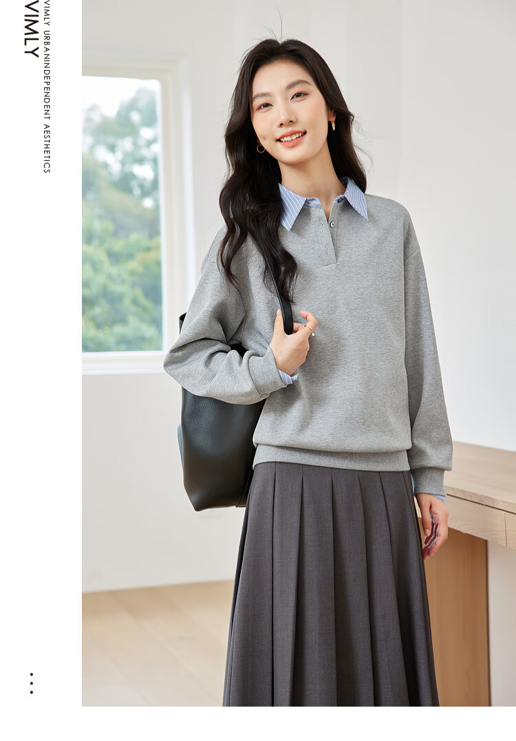 Fansiman Shirt Collar Spliced Fake Two-Piece Sweatshirt Women Autumn College Style Loose Long Sleeve Top Jacket Light Gray M 5
