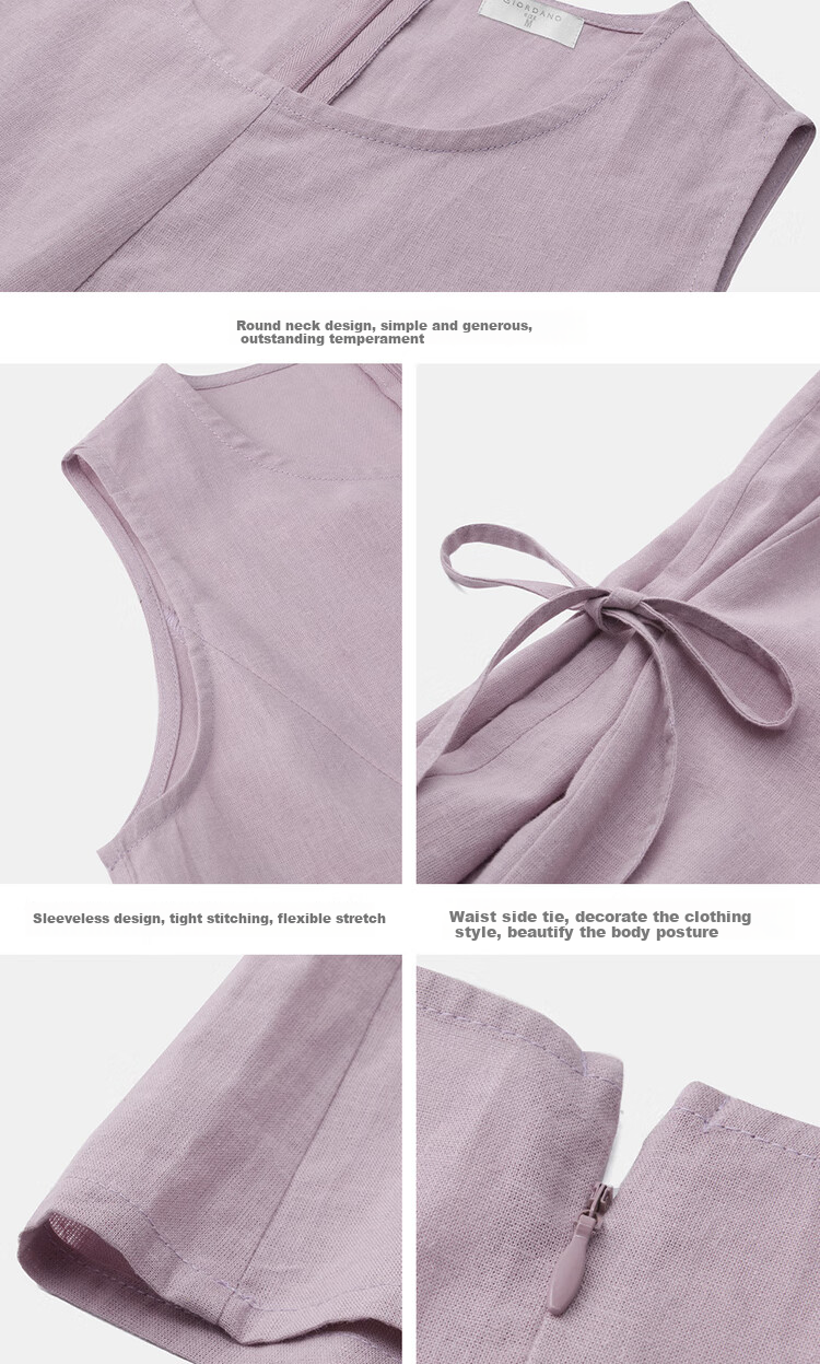 Giordano Sleeveless Dress for Women, Summer New Style Cotton Linen Tie-Waist Round Neck Dress 13465305 20
