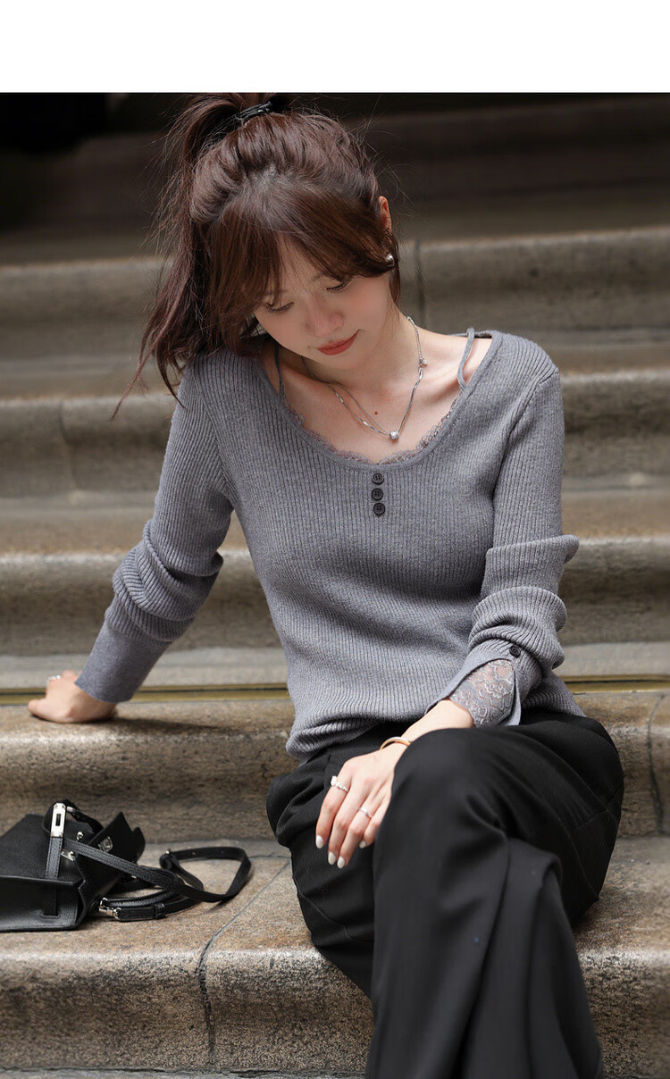 MT Slim Fit Short Wool Blend Lace Splice U-Neck Knit Sweater for Women - Autumn Collection 3