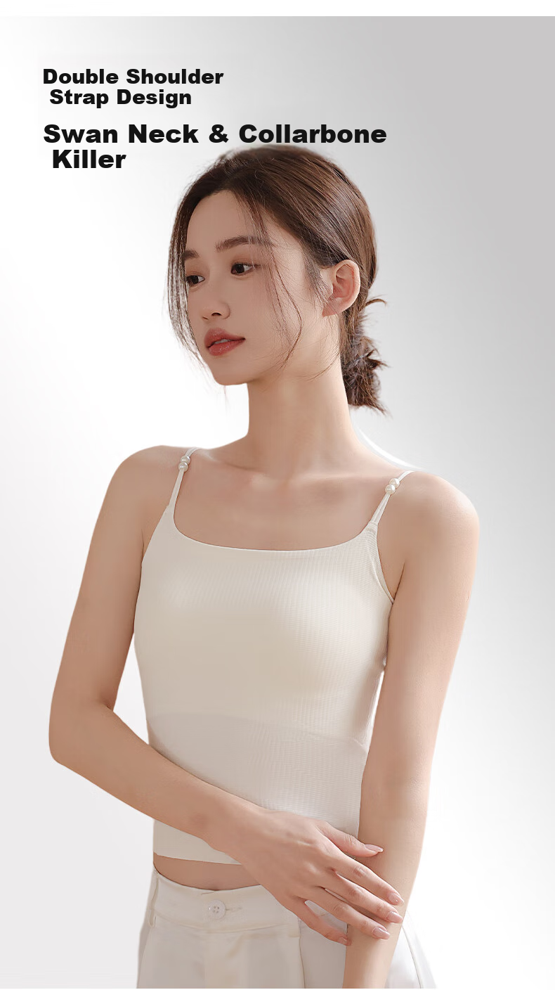 Caobenchuse Women's Camisole Bra, Invisible Seamless with Built-In Pads, Lightweight Pearl Thin Strap Undershirt for All Seasons 3